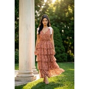 In February Maxi Dress Womens M Caramel Cream Floral Tiered Smocked Waist